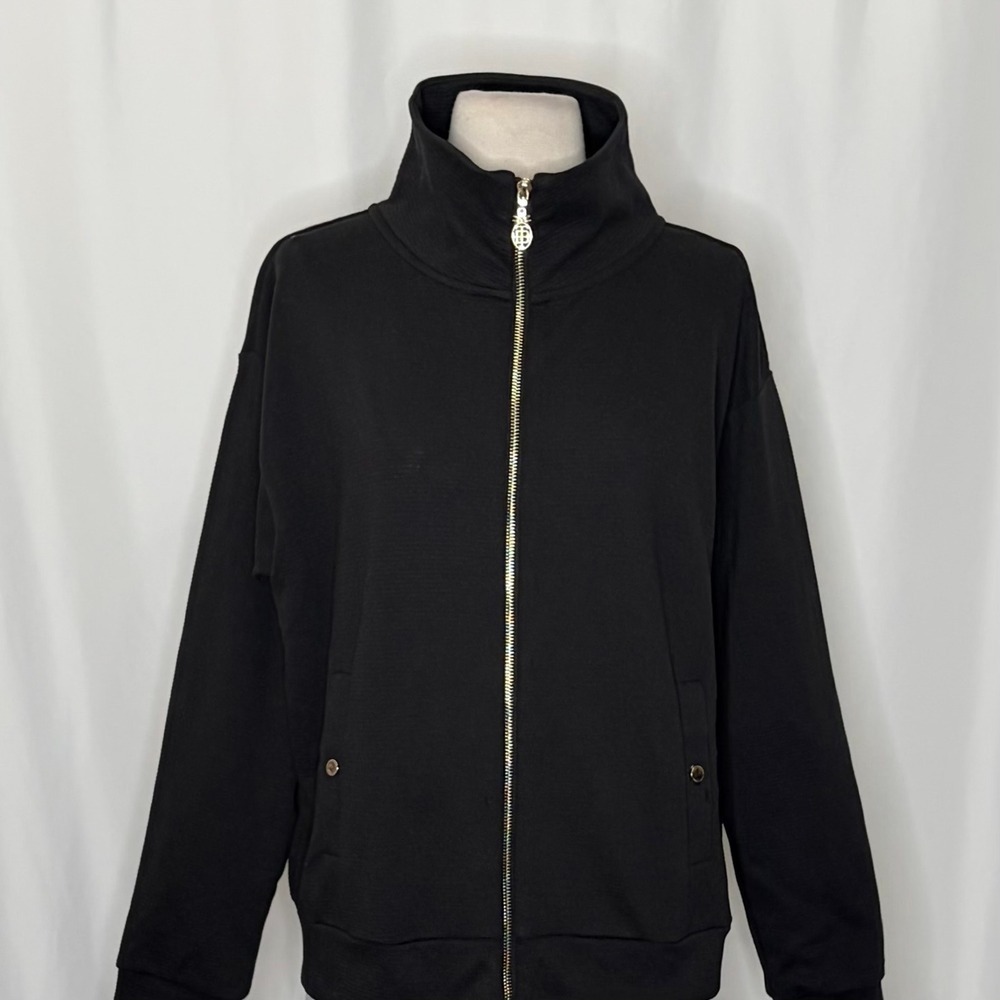 TOMMY BAHAMA Black Ribbed Knit Full Zip Jacket Gold Pineapple Hardware Medium - Picture 4 of 12